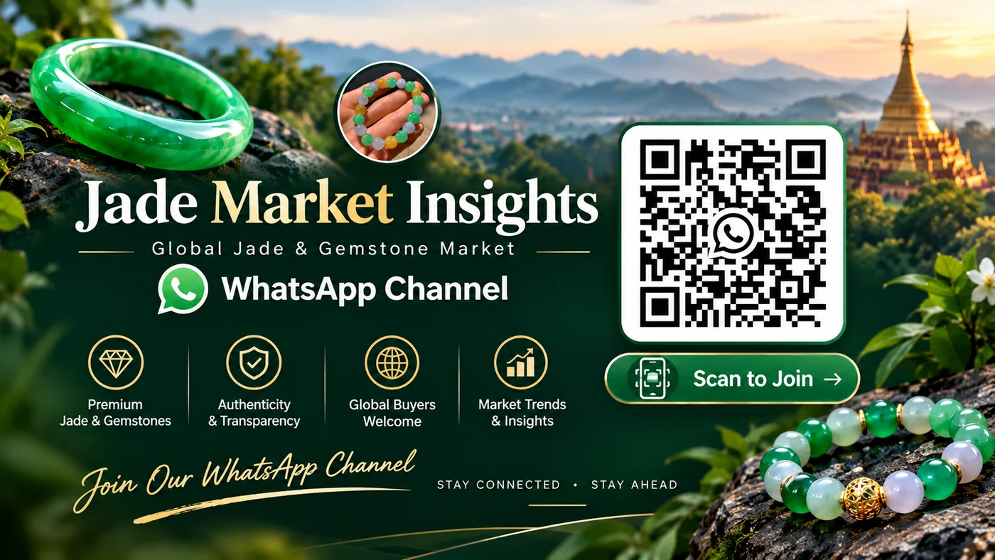 Jade market insights and jadeite jewelry Jade market insights banner with green jadeite bangle, jade bead bracelet and WhatsApp channel